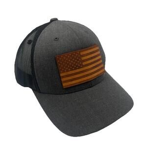 Branded Bills American Flag Leather Patch Curved Trucker Hat Grey Black Snapback